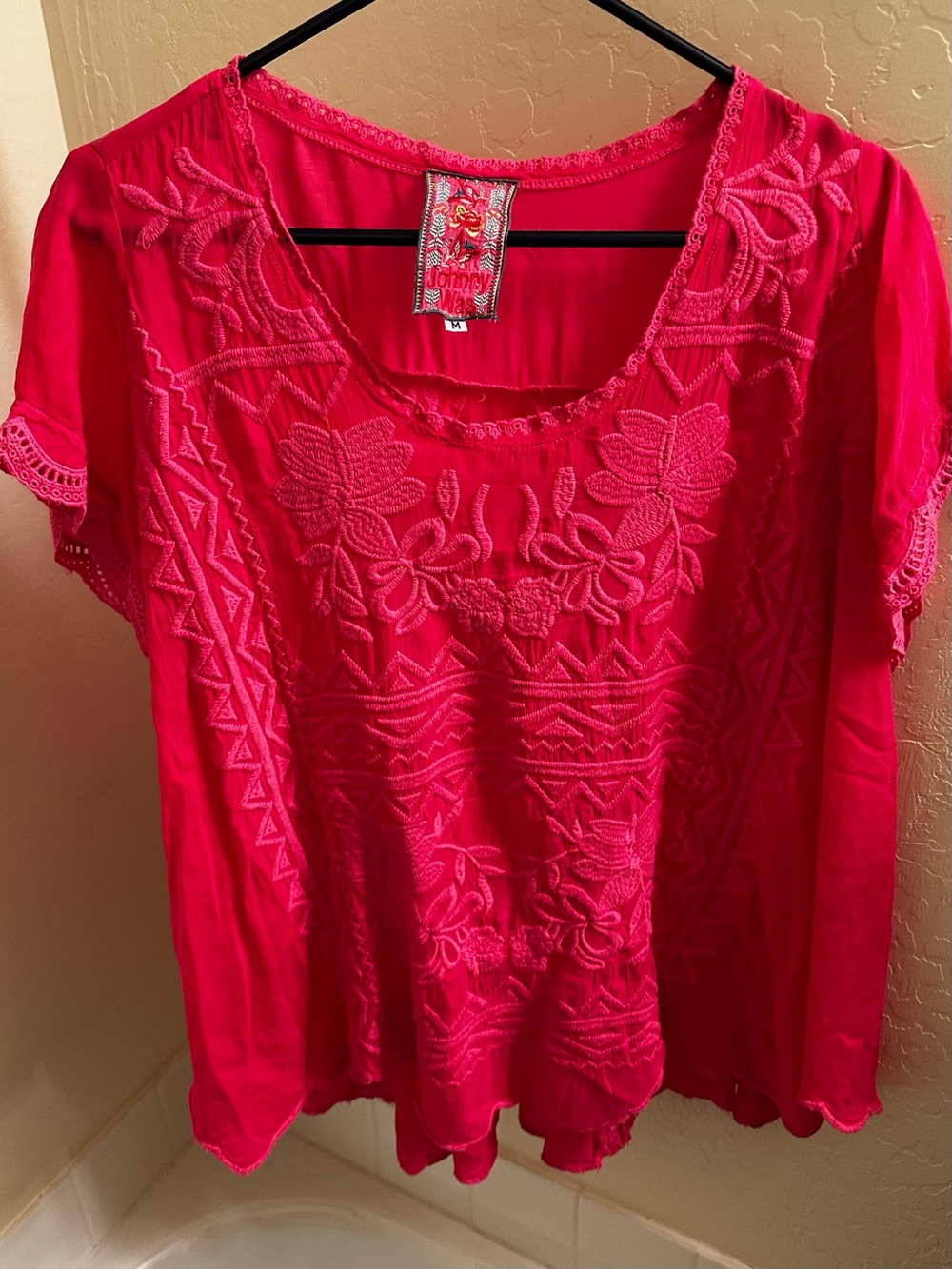 Johnny Was Embroidered Fuschia Pink Boho Peasant Blouse Top Shirt M